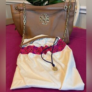Tory Burch Britten Tote Brown Leather Shoulder Bag With Duster Bag